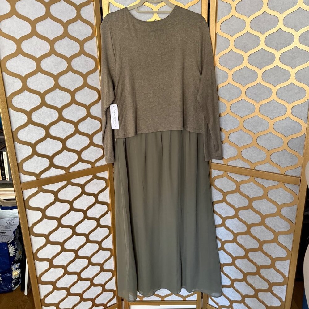 Soft Surroundings Size L NEW Olive Green Cassie Two-Layer Long Sleeve Maxi Dress - Picture 6 of 16